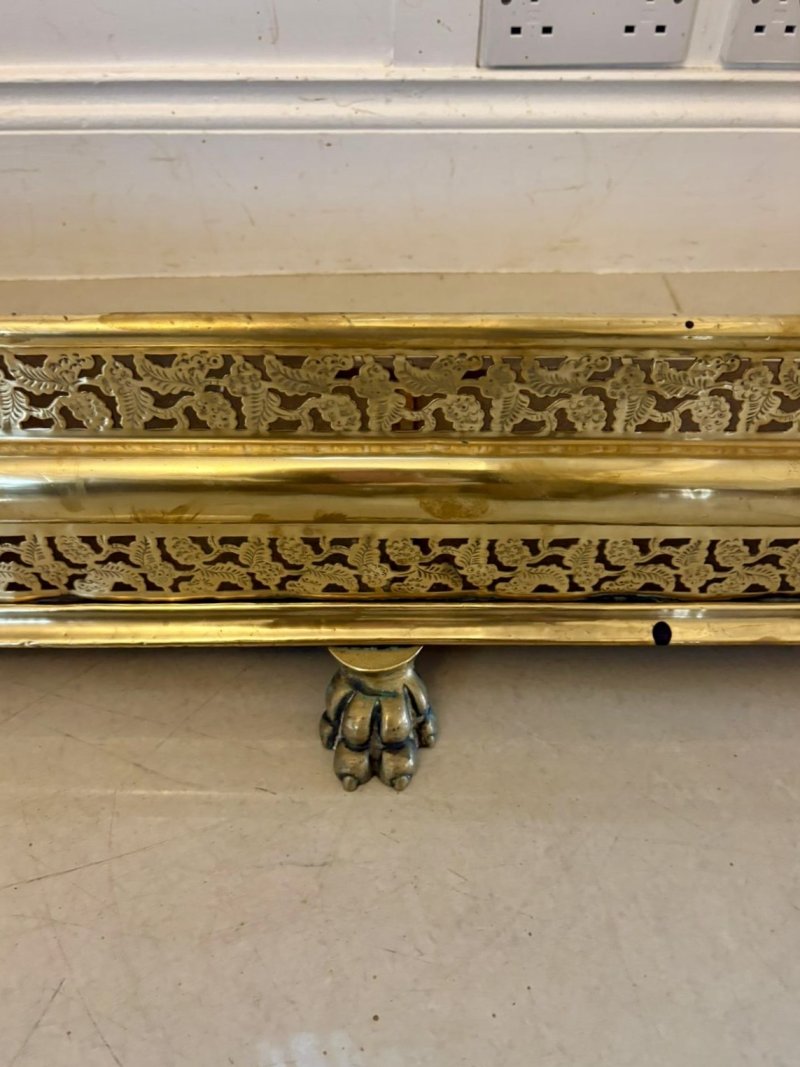 Unusual and Rare Quality Antique Regency Brass Fender with Original Fire Irons - Image 12